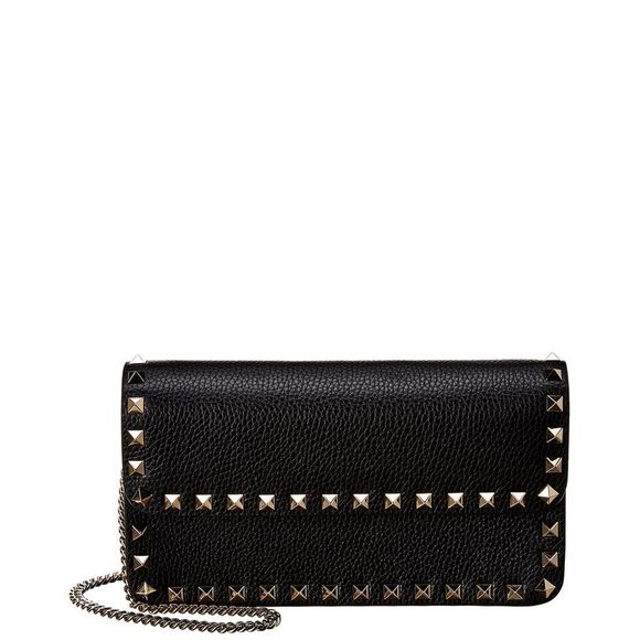 Valentino Handbags - Valentino Rockstud Grainy Leather Wallet On Chain, Black